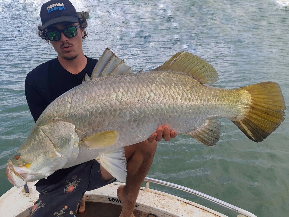 Man with sun hat and glasses holding a large barramundi fish