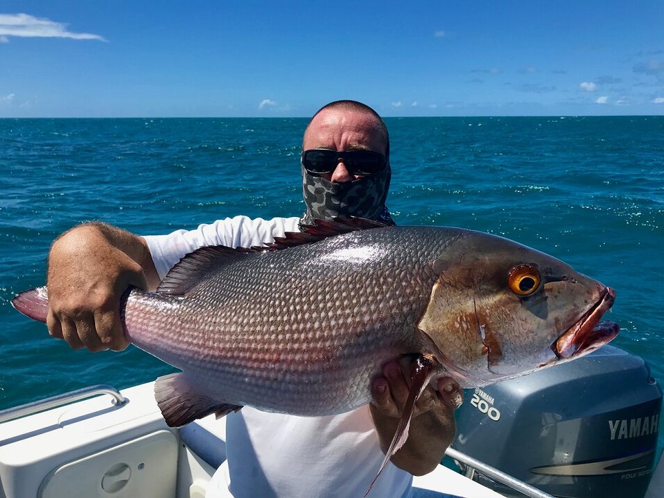 male angler holding a great barrier reef fish