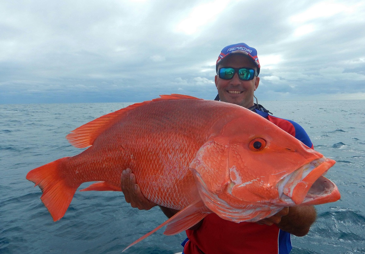 male angler with cap and sunglasses holding a great barrier reef fish